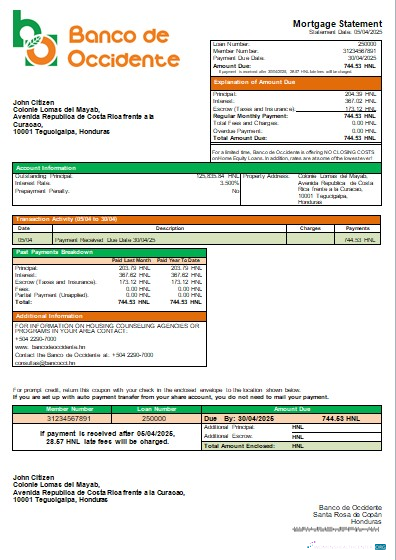 Download Honduras Banco de Occidente Bank mortgage statement scr Photoshop template